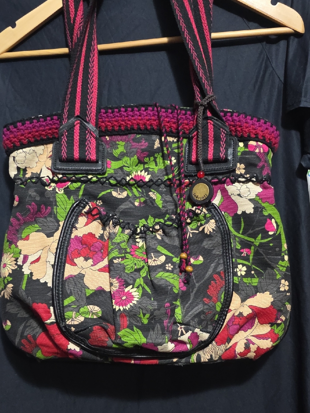 Sakroots Floral Canvas Tote in Black, Pink and Green with Crochet Trim